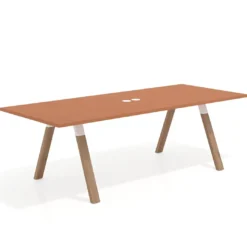 Mesa de reuniones rectangular UvePro fondo 100cm, estructura blanca, patas de madera