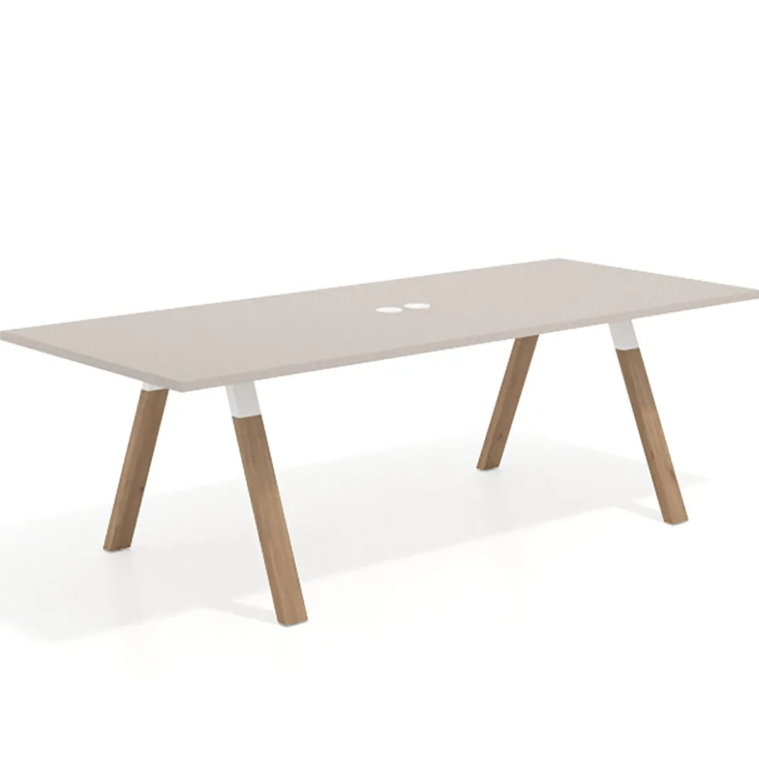 Mesa de reuniones rectangular UvePro fondo 100cm, estructura blanca, patas de madera