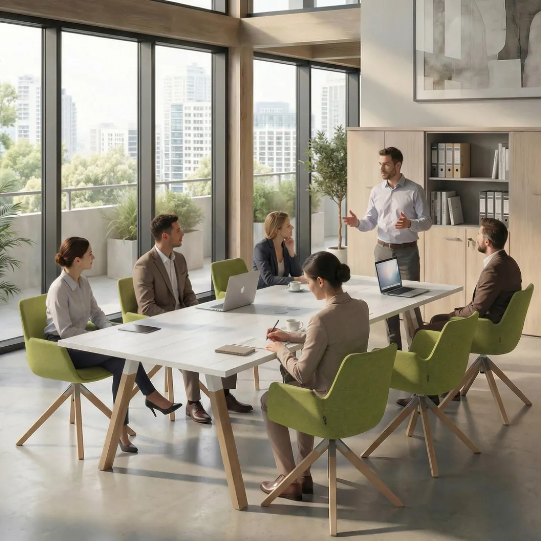 Mesa de reuniones rectangular UvePro fondo 100cm, estructura blanca, patas de madera