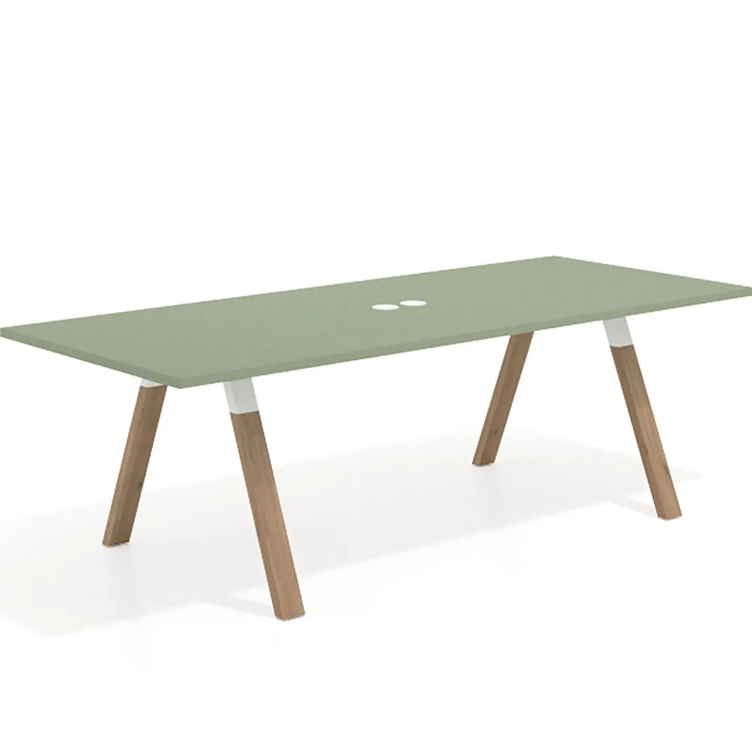 Mesa de reuniones rectangular UvePro fondo 100cm, estructura blanca, patas de madera