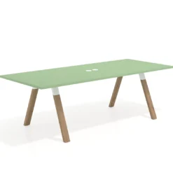 Mesa de reuniones rectangular UvePro fondo 100cm, estructura blanca, patas de madera