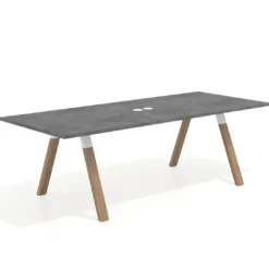 Mesa de reuniones rectangular UvePro fondo 100cm, estructura blanca, patas de madera