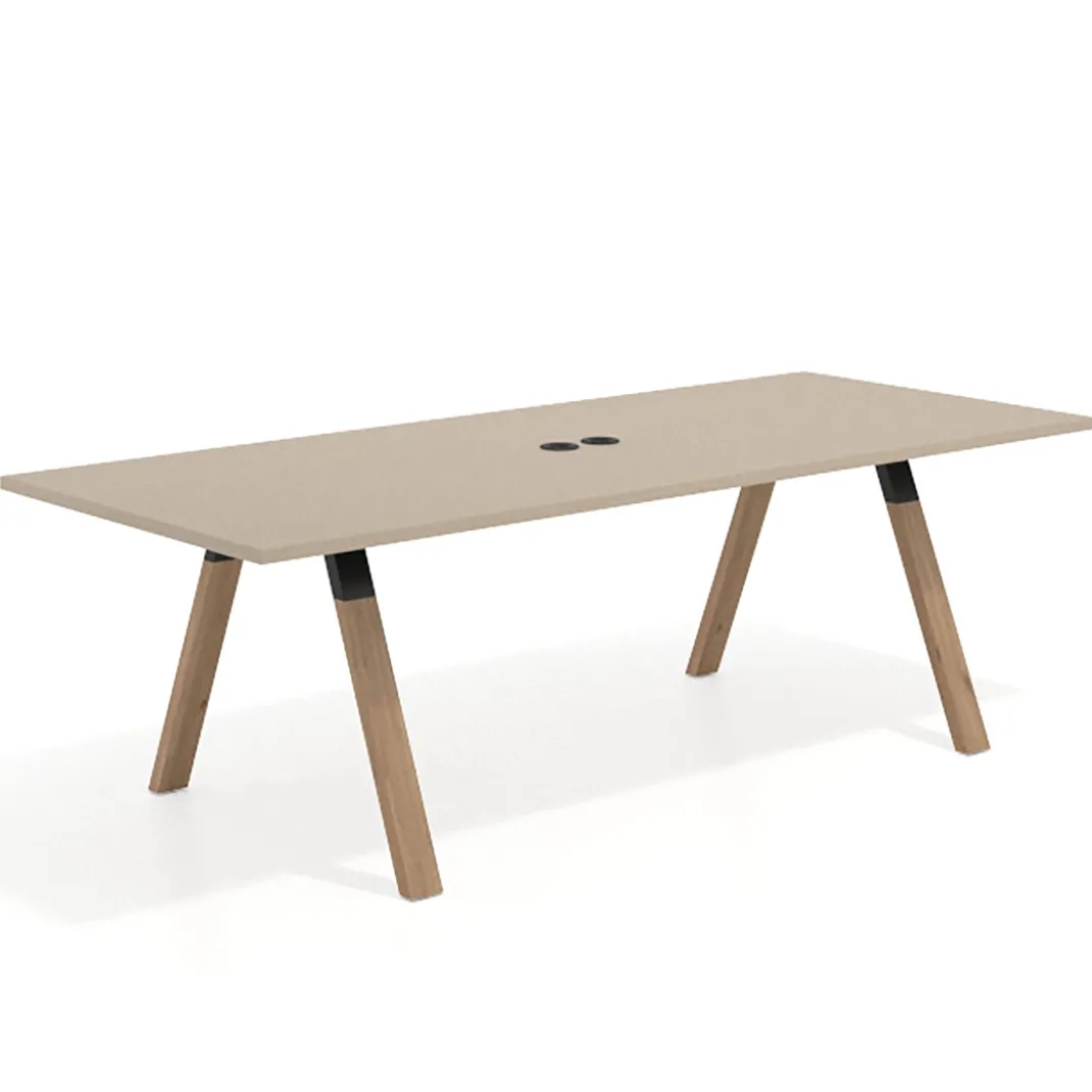 Mesa de reuniones rectangular UvePro fondo 100cm, estructura negra, patas de madera