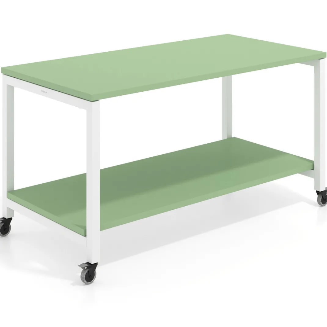 Mesa de trabajo expositor con ruedas Kube, con 2 niveles, estructura blanca