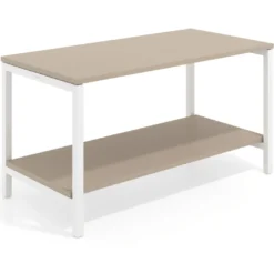 Mesa de trabajo expositor Kube con 2 niveles, estructura blanca