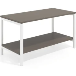 Mesa de trabajo expositor Kube con 2 niveles, estructura blanca