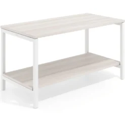 Mesa de trabajo expositor Kube con 2 niveles, estructura blanca