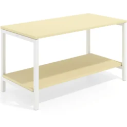 Mesa de trabajo expositor Kube con 2 niveles, estructura blanca