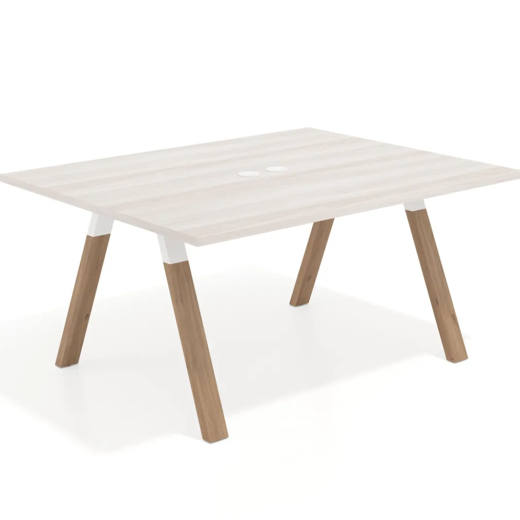 Mesa doble individual para coworking UvePro fondo 126 cm estructura blanca con patas de madera