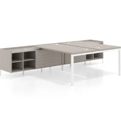 Mesa multipuesto con pedestal estantes Kube, encimera única, estructura blanca