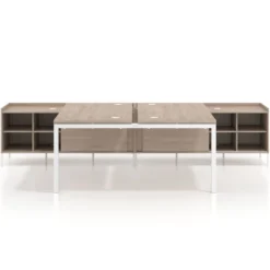 Mesa multipuesto con pedestal estantes Kube, encimera única, estructura blanca
