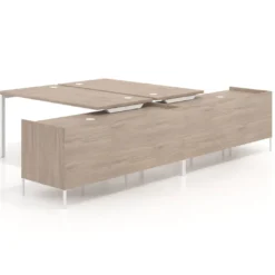 Mesa multipuesto con pedestal estantes Kube, encimera única, estructura blanca