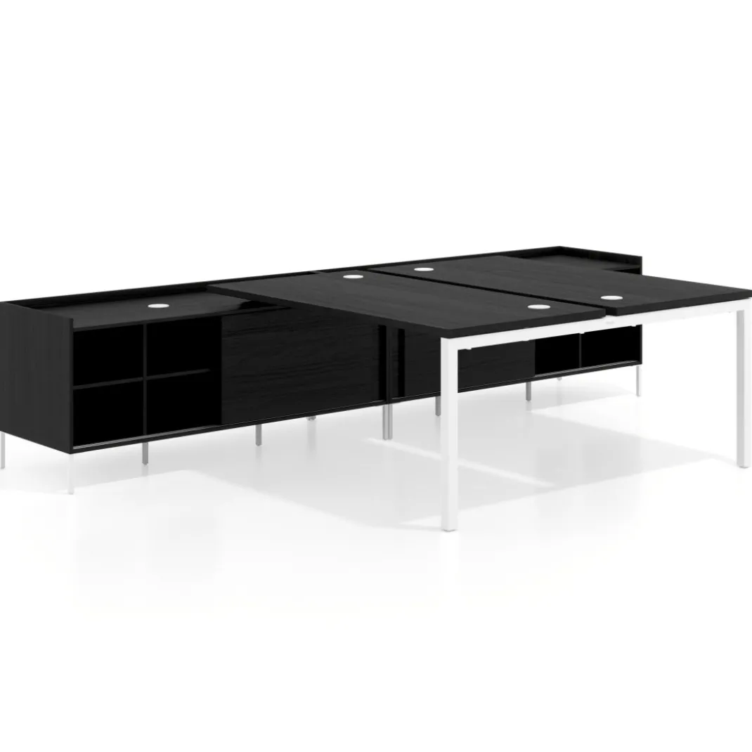 Mesa multipuesto con pedestal estantes Kube, encimera única, estructura blanca