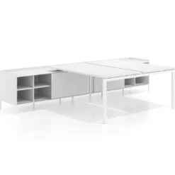Mesa multipuesto con pedestal estantes Kube, encimera única, estructura blanca