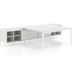 Mesa multipuesto con pedestal estantes Kube, encimera única, estructura blanca