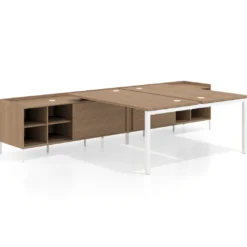 Mesa multipuesto con pedestal estantes Kube, encimera única, estructura blanca