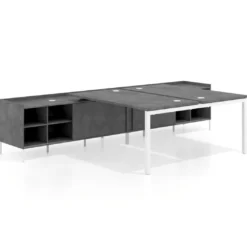 Mesa multipuesto con pedestal estantes Kube, encimera única, estructura blanca