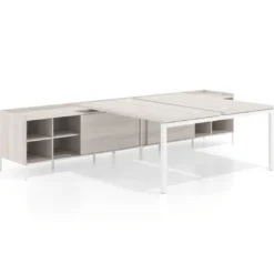 Mesa multipuesto con pedestal estantes Kube, encimera única, estructura blanca