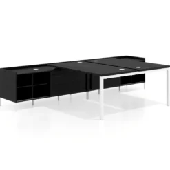 Mesa multipuesto con pedestal estantes Kube, encimera única, estructura blanca