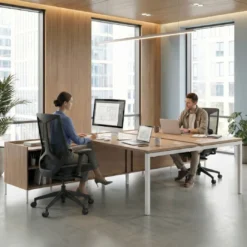 Mesa multipuesto con pedestal estantes Kube, encimera única, estructura blanca