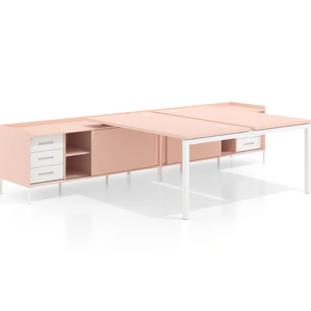 Mesa multipuesto con pedestal cajonera Kube, encimera única, estructura blanca