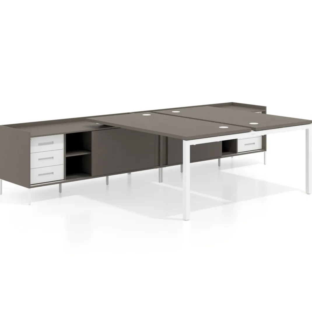 Mesa multipuesto con pedestal cajonera Kube, encimera única, estructura blanca