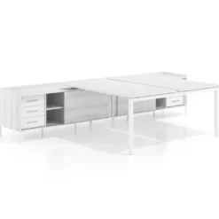 Mesa multipuesto con pedestal cajonera Kube, encimera única, estructura blanca