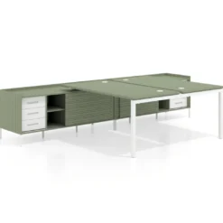 Mesa multipuesto con pedestal cajonera Kube, encimera única, estructura blanca