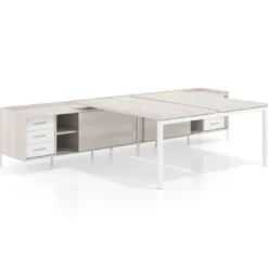 Mesa multipuesto con pedestal cajonera Kube, encimera única, estructura blanca
