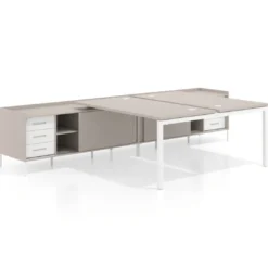 Mesa multipuesto con pedestal cajonera Kube, encimera única, estructura blanca