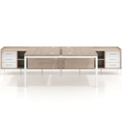 Mesa multipuesto con pedestal cajonera Kube, encimera única, estructura blanca