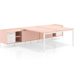 Mesa multipuesto con pedestal cajonera Kube, encimera única, estructura blanca