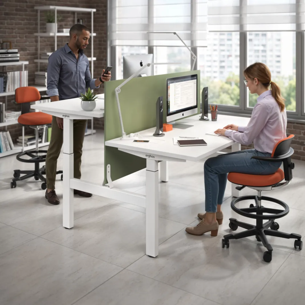 Mesa Multipuesto Elevable eléctrica Erghos Motion estructura blanca 4 cantos curvos