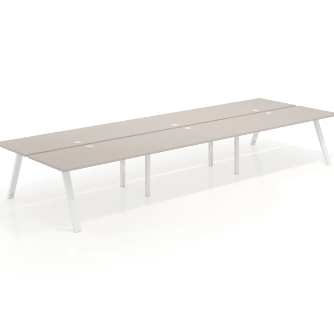 Mesa multipuesto UvePro Bench triple, fondo 166 cm, estructura blanca/madera