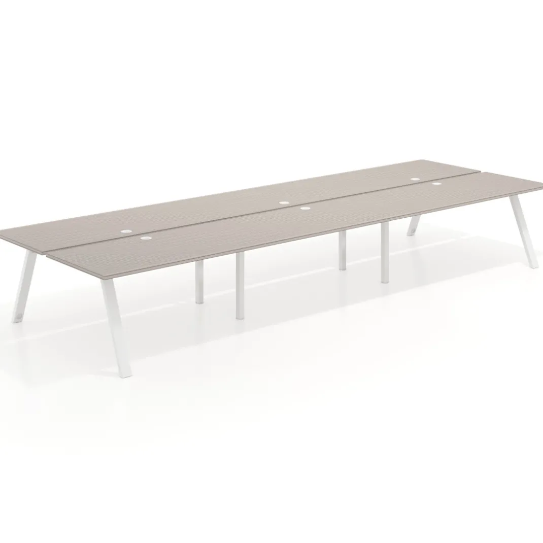 Mesa multipuesto UvePro Bench triple, fondo 166 cm, estructura blanca/madera