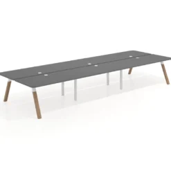 Mesa multipuesto UvePro Bench triple, fondo 166 cm, sobre curvo, estructura blanca/madera