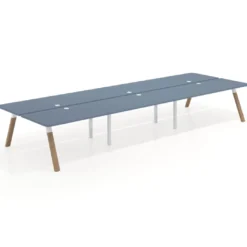 Mesa multipuesto UvePro Bench triple, fondo 166 cm, sobre curvo, estructura blanca/madera