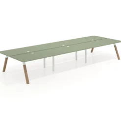 Mesa multipuesto UvePro Bench triple, fondo 166 cm, sobre curvo, estructura blanca/madera