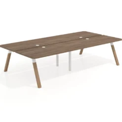 Mesa multipuesto UvePro Bench doble, fondo 166 cm, sobre curvo, estructura blanca/madera
