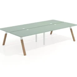 Mesa multipuesto UvePro Bench doble, fondo 166 cm, sobre curvo, estructura blanca/madera