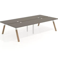 Mesa multipuesto UvePro Bench doble, fondo 166 cm, sobre curvo, estructura blanca/madera