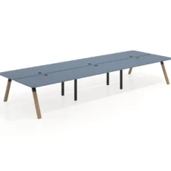 Mesa multipuesto UvePro Bench triple, fondo 166 cm, sobre curvo, estructura negra/madera