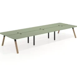 Mesa multipuesto UvePro Bench triple, fondo 166 cm, sobre curvo, estructura negra/madera