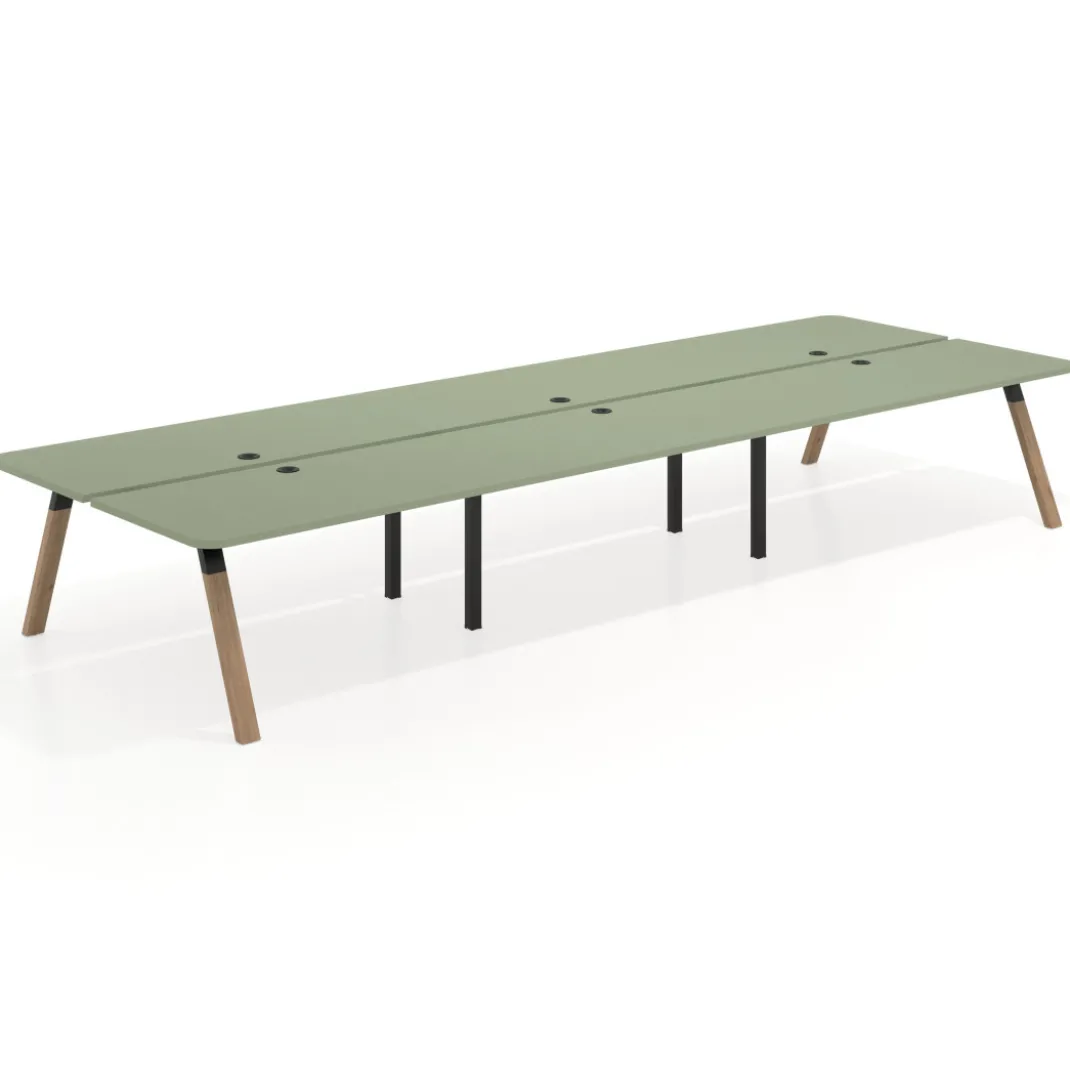Mesa multipuesto UvePro Bench triple, fondo 166 cm, sobre curvo, estructura negra/madera