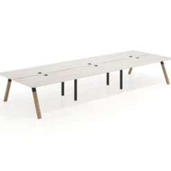 Mesa multipuesto UvePro Bench triple, fondo 166 cm, sobre curvo, estructura negra/madera