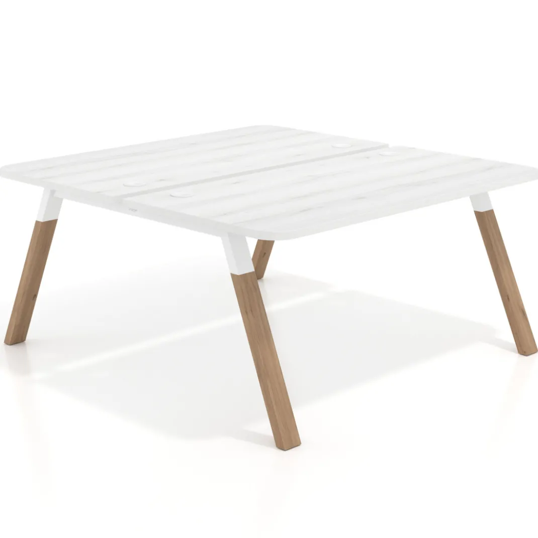 Mesa multipuesto UvePro Bench fondo 166 cm, sobre curvo, estructura blanca/madera