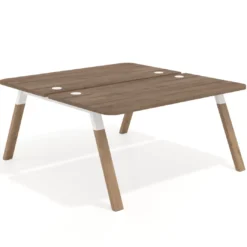 Mesa multipuesto UvePro Bench fondo 166 cm, sobre curvo, estructura blanca/madera