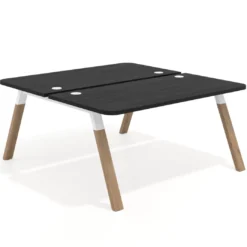 Mesa multipuesto UvePro Bench fondo 166 cm, sobre curvo, estructura blanca/madera