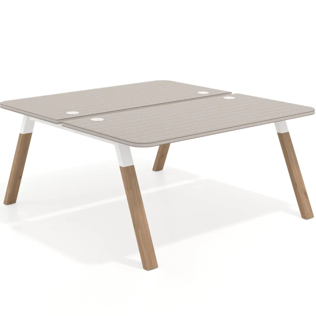 Mesa multipuesto UvePro Bench fondo 166 cm, sobre curvo, estructura blanca/madera
