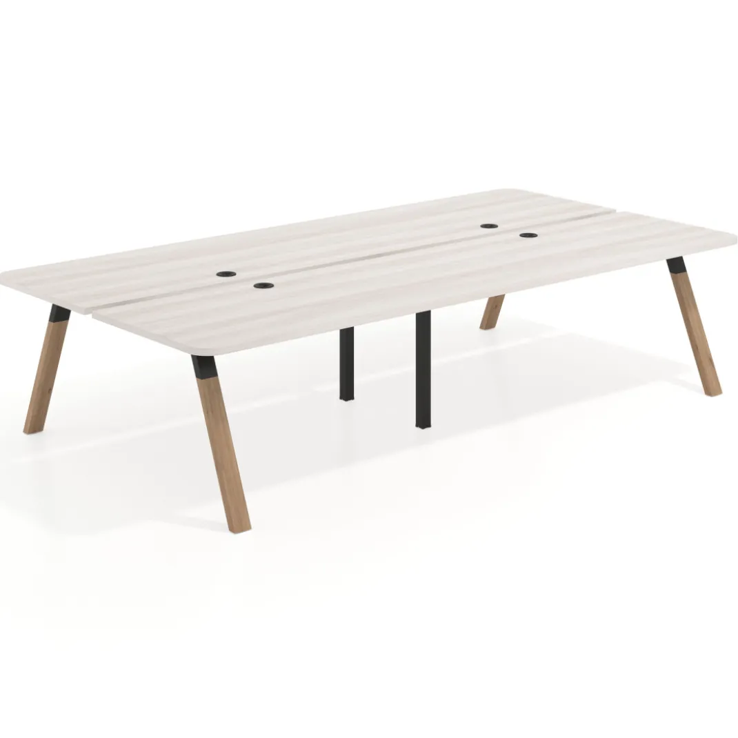 Mesa multipuesto UvePro Bench doble, fondo 166 cm, sobre curvo, estructura negra/madera